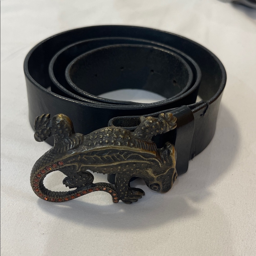 Emporio Armani Black Leather Embossed Belt Brass Lizard Belt Buckle Mens